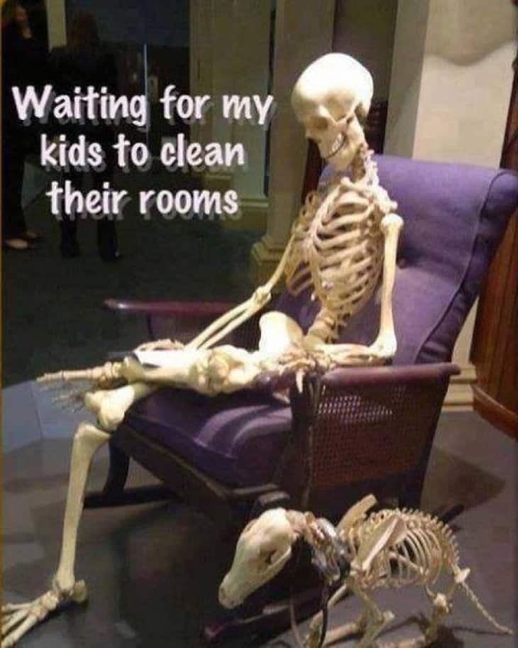 Waiting for Kids to Clean their room Skeleton Meme