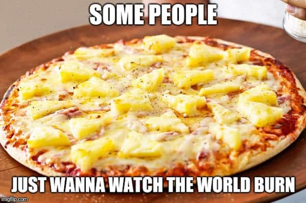 pizza with pineapple just wanna watch the world to burn meme